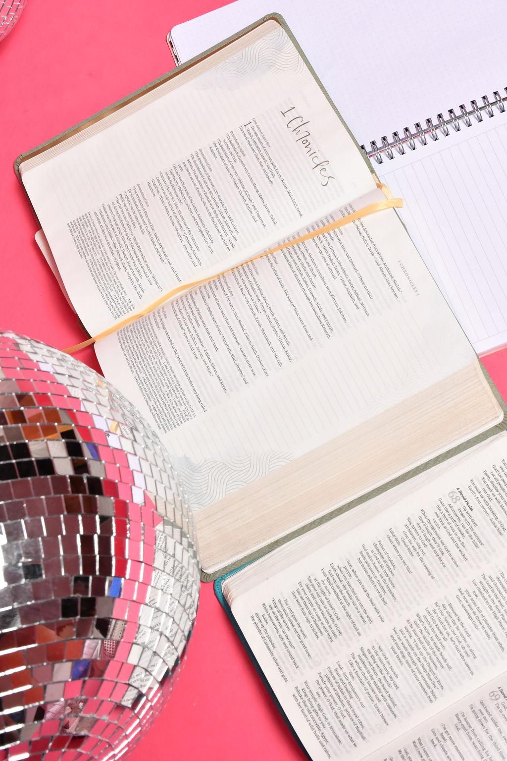 Open Bibles and devotional materials arranged on a pink background