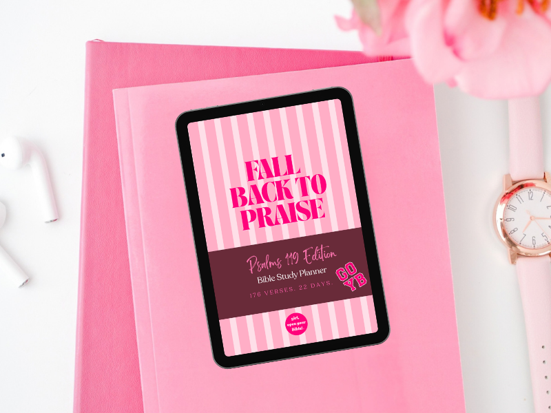 The Fall Back to Praise Bible study planner displayed on a tablet